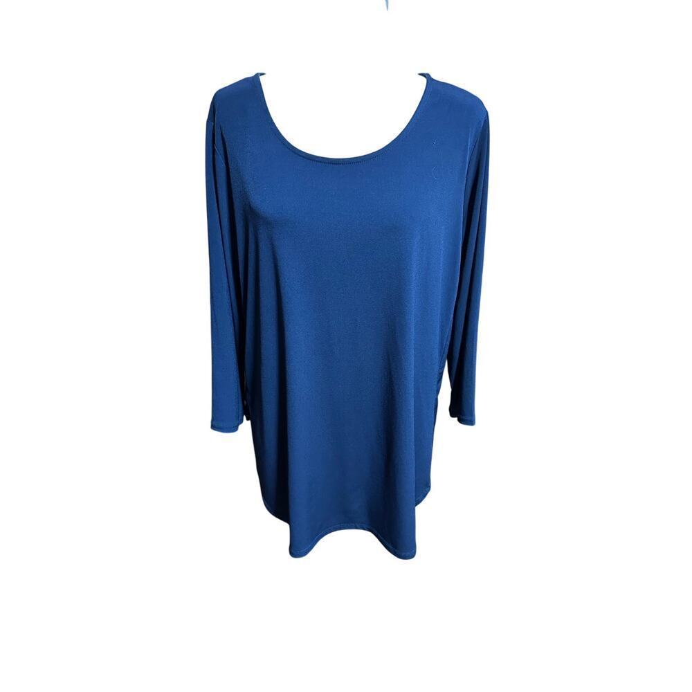 Susan Graver Top Liquid Knit Quarter Sleeve Navy L Stretch Casual Modern Minimal